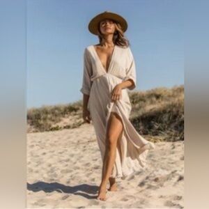 White Boho Goddess Deep V-neck Midi Dress Grecian Beach Bridal Woman Size Large